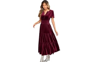 R.Vivimos Women's Fall Winter Vintage Velvet Dress Short Sleeve V Neck Elastic Waist Tiered Ruffle A-Line Flowy Maxi Dress