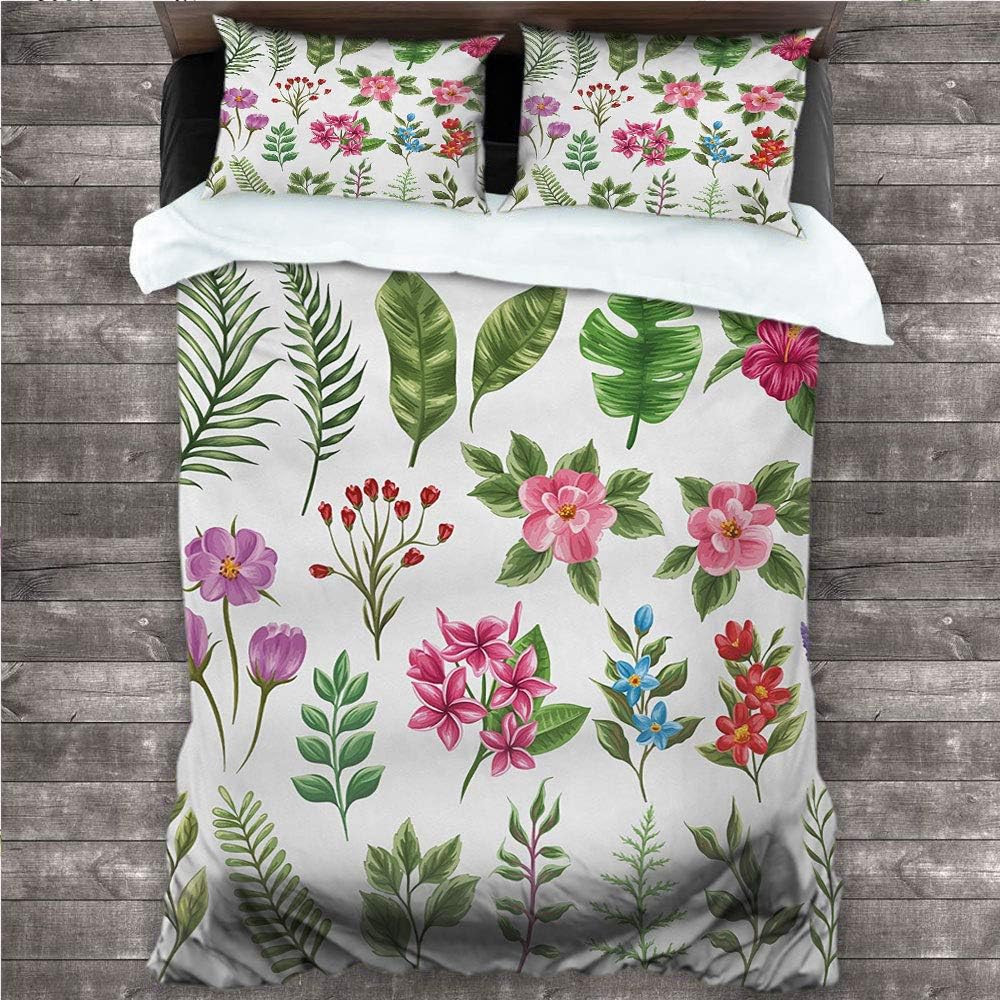 Plant Bed Sheet Set, Exotic Flowers and Ferns Botanical Elements Flora