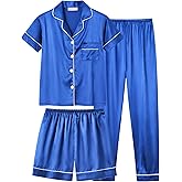 UNICABBIT21 Satin Summer Pajamas for Big Girls Unisex Kids Silk Button Down Short Sleeve & Shorts PJS 3PCS Size 8-16