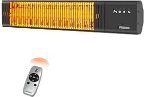 Powerscale 1500W Electric Patio Heater, IP65 Waterproof, Remote, Fast Heating, 4 Heat Levels, 24H Timer & Memory Function, Wall Mounted Indoor/Outdoor Heater for Patio, Garage, Backyard, Black