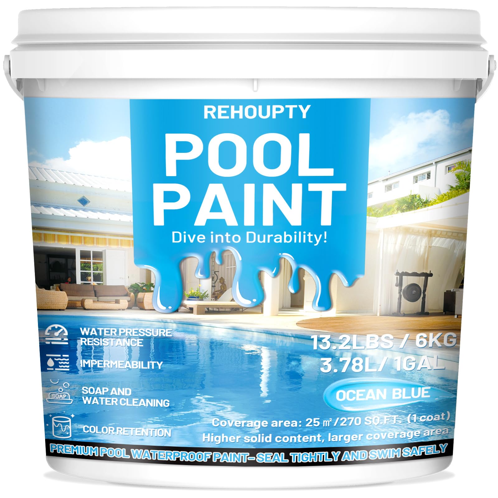 Photo 1 of Pool Paint Ocean Blue 211oz, Durability Water-Based Acrylic Resin Concrete Pool Paint, Quick-drying Waterproof Coating for Underground Aboveground Cement Pond, Water Parks, Fiberglass Stock Tank 1 Gal