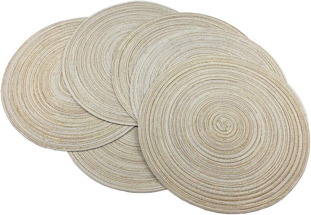 WAZAIGURRed-A，Placemats,Round Placemats for Dining Table Set of 6 Woven Heat Resistant Non-Slip Kitchen Table Mats Diameter 14 Inch(Cream with Golden Silk)