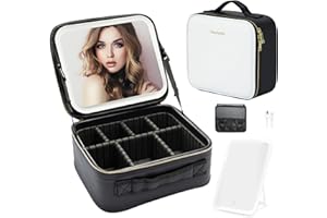 ZhenGuiRu Travel Makeup Bag with LED Mirror – Waterproof Cosmetic Train Case with Adjustable Dividers, Portable Makeup Organizer and Toiletry Bag for Women, Teens & Girls Gift, White