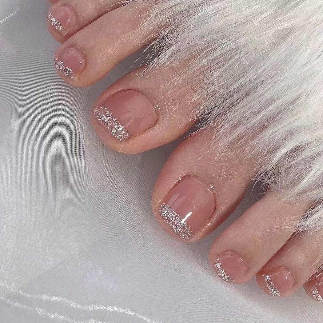 Handcess French False Toenails Nude Glossy Press on Toe Nail Ballerina Fake Toe Nails Full Cover Acrylic Toe Nail Art Tips for Women Girls 24Pcs