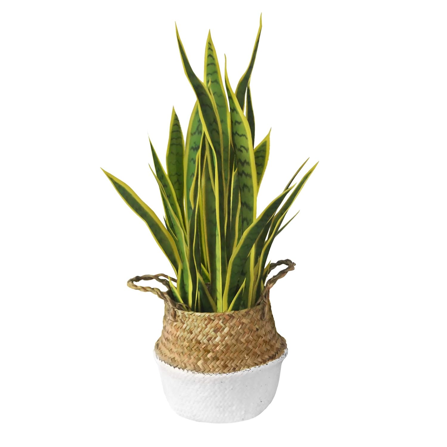 Artificial Plant with Woven Basket | Fake Plant in Seagrass Handmade Planter | Luxury Indoor Plant with Tall Yellow Leaves and Decorative Boho Chic Style | Ideal Housewarming or Office Gift, 27 Inches