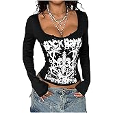 RoseSeek Women's Y2K Gothic Graphic Tees Grunge Long Sleeve Slim Fit T Shirts Vintage Streetwear