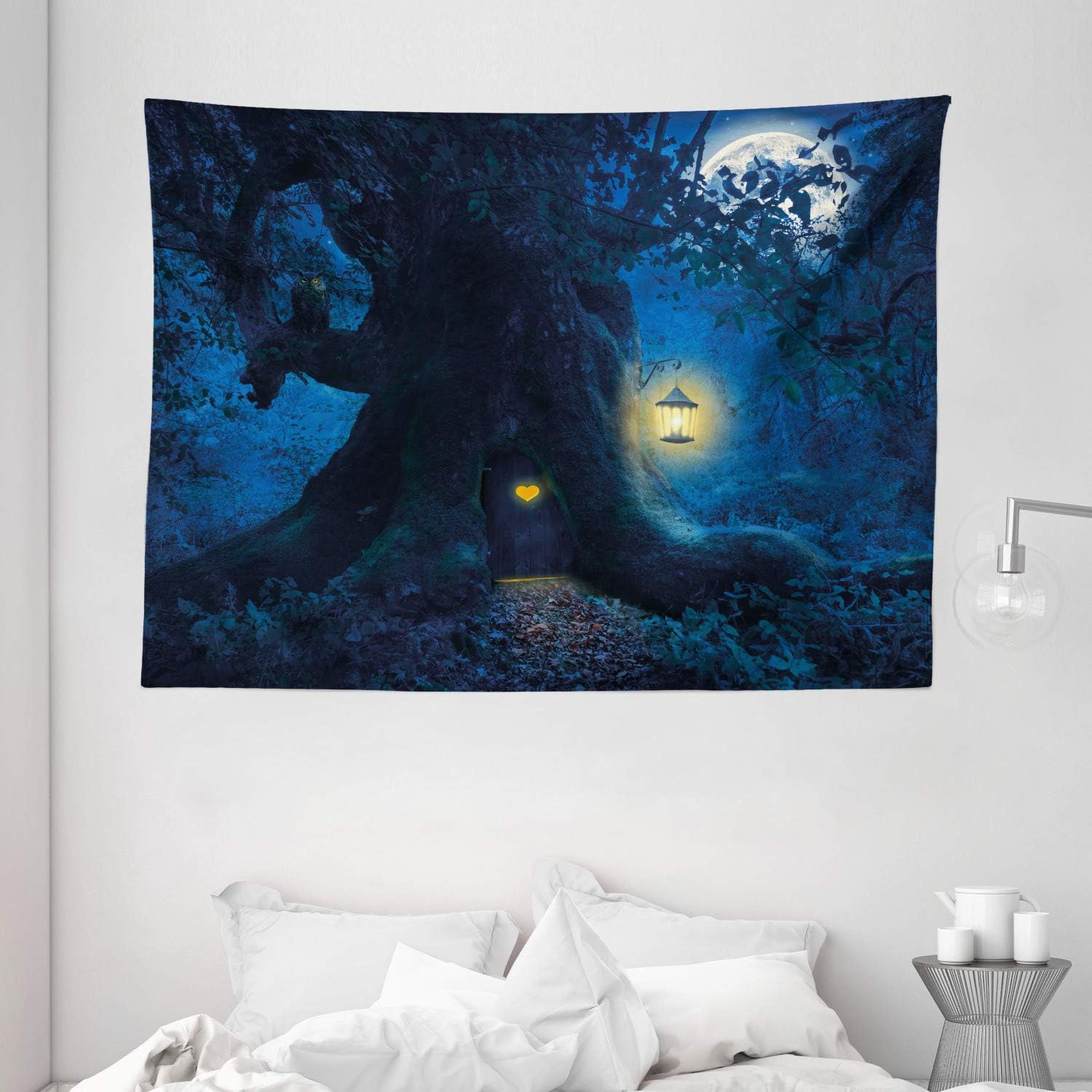Amazon Com Ambesonne Forest Tapestry Night With Home In Trunk Of Enchanted Tree Wide Wall Hanging For Bedroom Living Room Dorm 80 X 60 Night Blue Home Kitchen