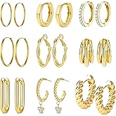 SPINEX Gold Hoop Earrings for Women 9 Pairs Hypoallergenic Open Chunky Dangle Huggie Hoop Earring Set with CZ Diamond for Birthday Party Christmas Jewelry Gift (Gold earrings set)