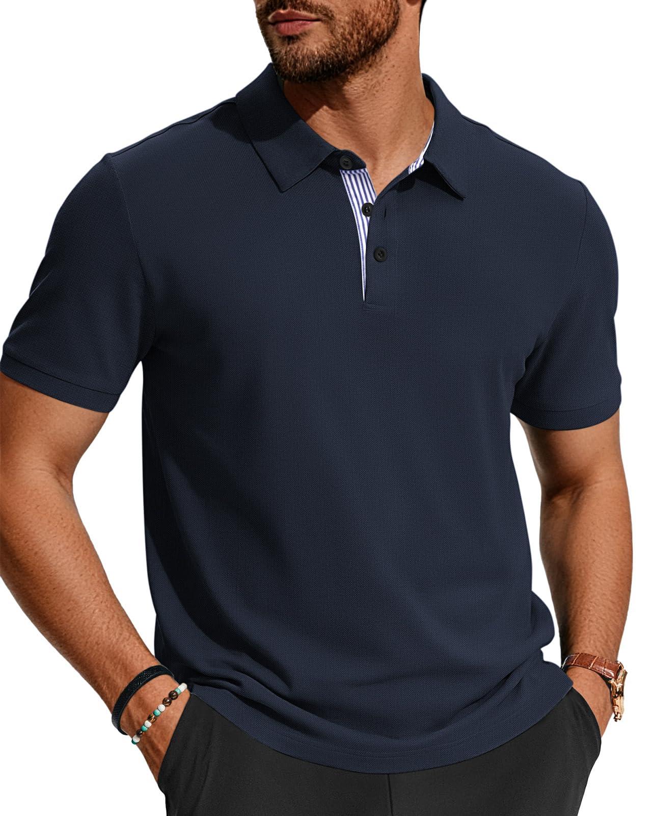 HMIYA Herren Poloshirts-Business Kurzarm Polo Shirts 100% Baumwolle Sommer Freizeit T-Shirt Klassisches,Dunkelblau,XL