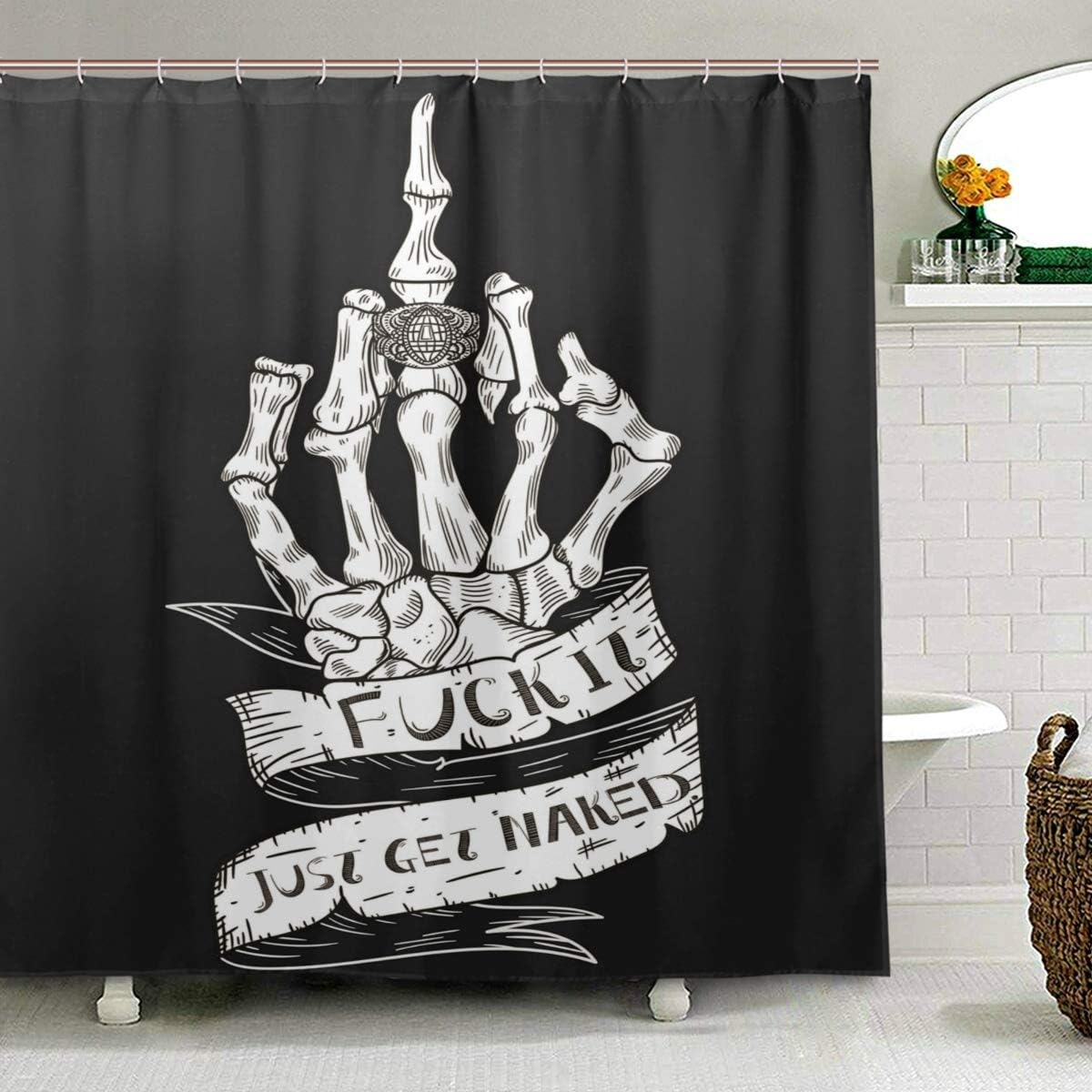 ZOEO Get Named Skull Shower Curtain Backdrop Black and White Funny Rock Roll Halloween Bathroom Home Decor Set Fabric Bridal Polyester Washable Waterproof 12 Hooks for Men Women 72x72 inch