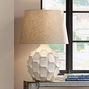 Cosgrove Mid Century Modern Table Lamp Ceramic White Glaze Light Brown Linen Drum Shade for Living Room Family Bedroom - Possini Euro Design