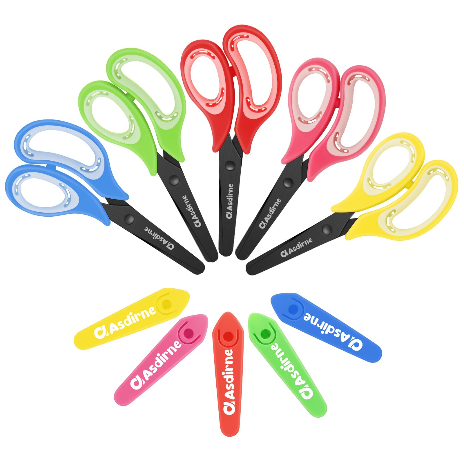 Asdirne Kids Black Coated Scissors for Child, Safety Blunt Tip Stainless Steel Blades and Soft Grip, Great for Home and School, Assorted Color, 13.5cm, 5 Pack