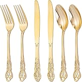 Joyido 300Pieces Gold Plastic Silverware - Heavy Duty Gold Disposable Utensils - Vintage Plastic Cutlery Set Includes 100 Forks, 100 Spoons, 100 Knives for Dinner Parties Weddings