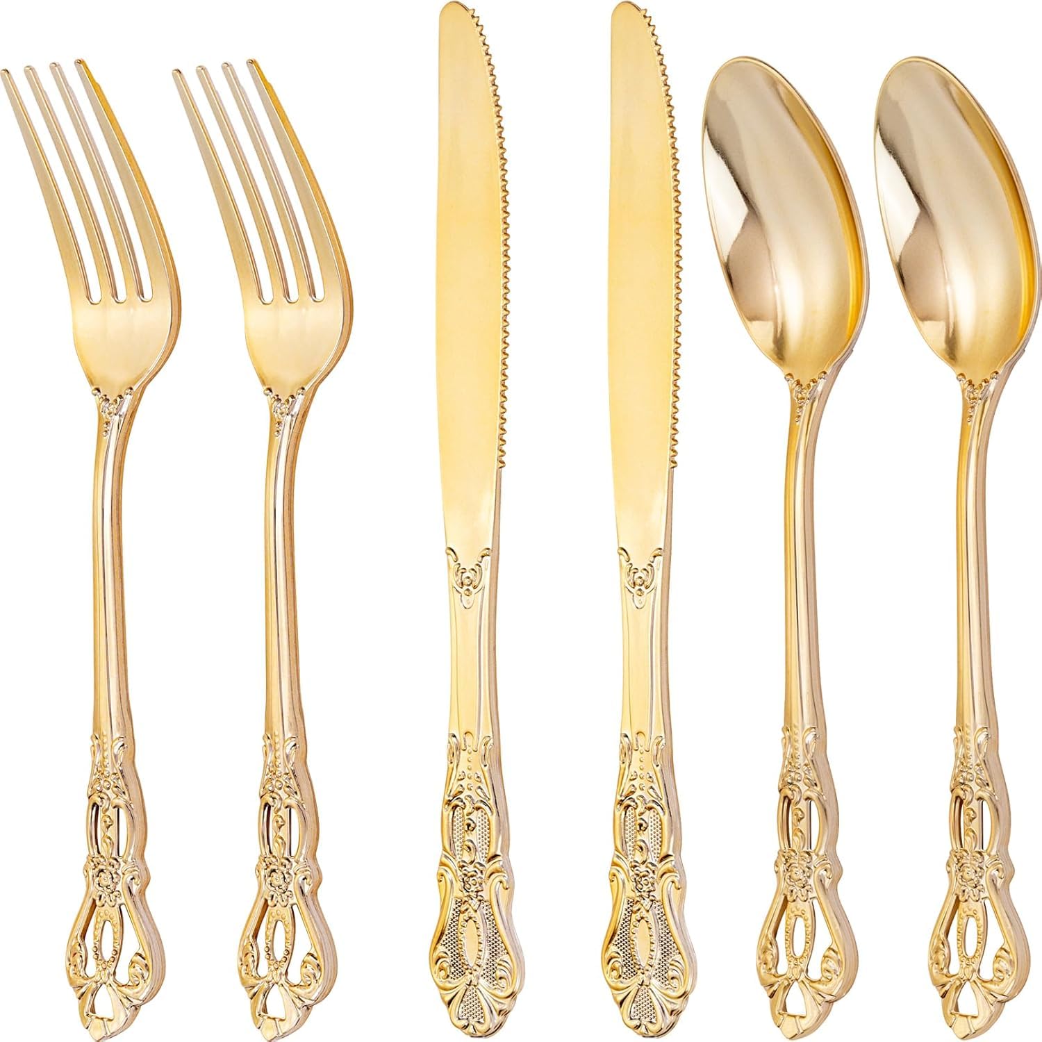 Photo 1 of Joyido 300Pieces Gold Plastic Silverware - Heavy Duty Gold Disposable Utensils - Vintage Plastic Cutlery Set Includes 100 Forks, 100 Spoons, 100 Knives for Dinner Parties Weddings
