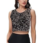 Anna-Kaci Women's Sequin Sleeveless Tops Sparkle Glitter Crew Neck Club Party Nightout Crop Tank Top