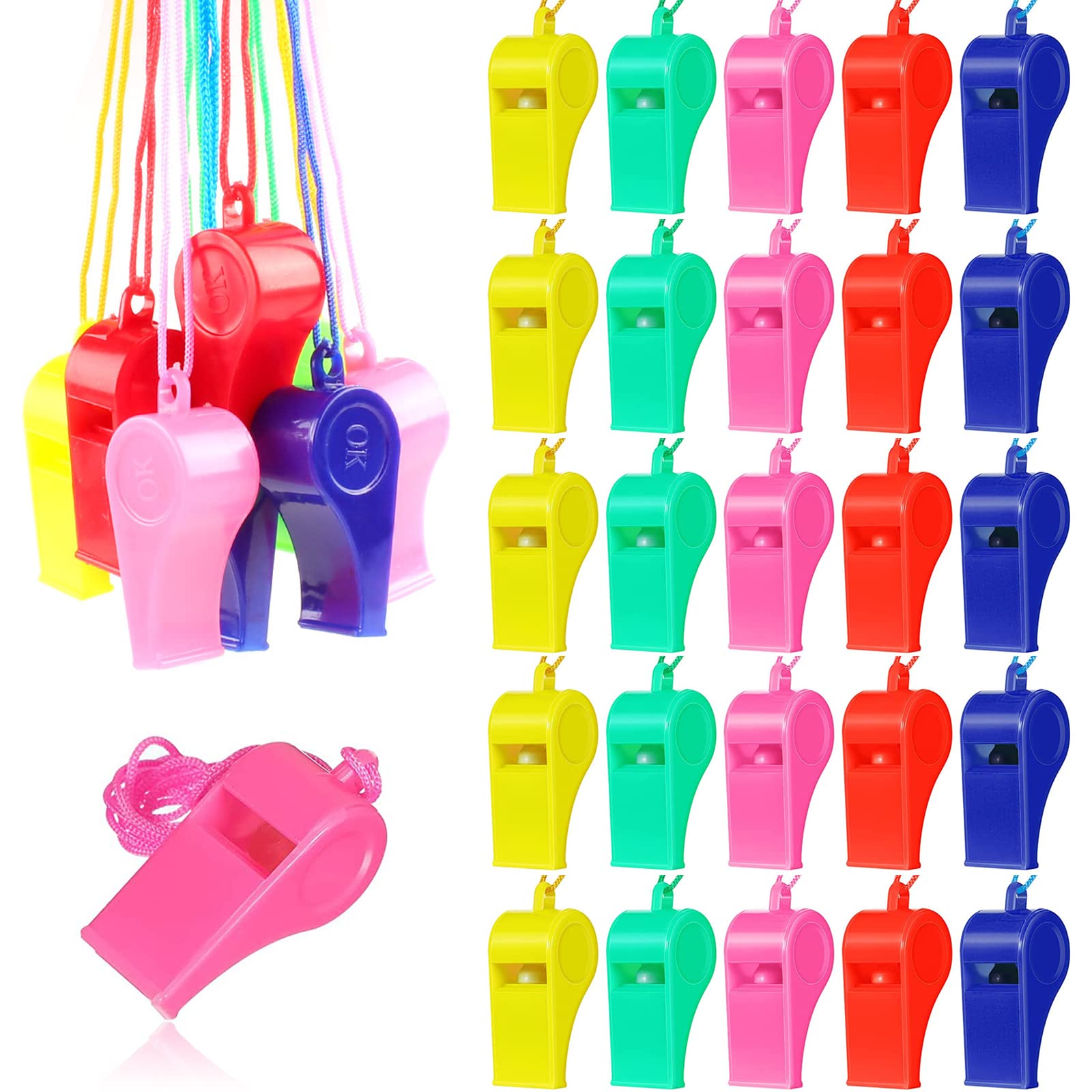 Ruikdly Children's Whistle 60 Pieces Plastic Whistles Referee Whistle with Lanyard Sports Whistle for Trainers Referees Teacher Emergency Students Children 5 Colours
