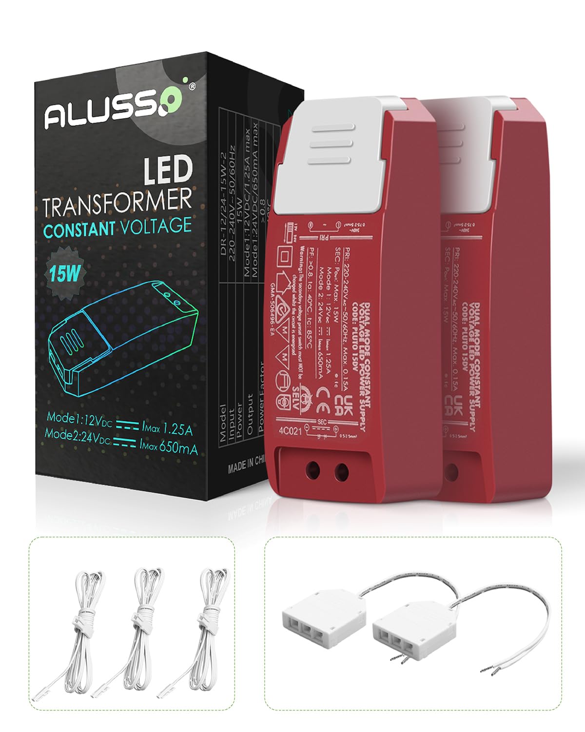 ALUSSO 15W LED Transformer Set of 2, 12V/24V Constant Voltage, Wide Compatibility, Multiple Protection, Versatile Use for Indoor LED Lighting Projects
