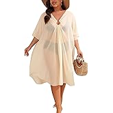 SWOMOG Women Plus Size Swimsuit Cover Up Sexy V Neck Bathing Suit Keyhole Swimwear Bikini Coverup Chiffon Summer Beachwear
