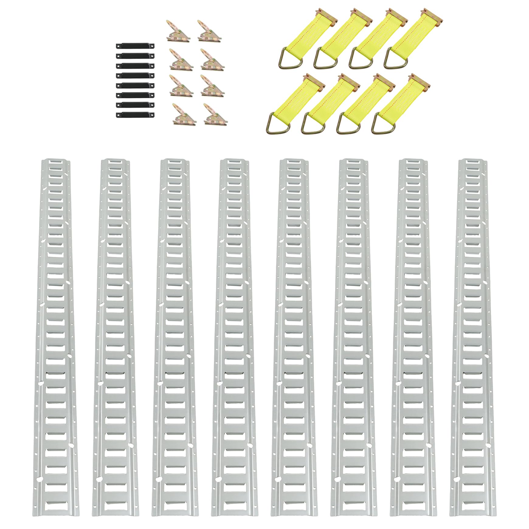 Photo 1 of Silscvtt Silvery 32 Pack 5 Feet E Track Tie Down Rail Kit 8 Horizontal E-Track Rails and 8 Rope Tie-Offs with D-Ring and 8 O-Rings End Caps Downs Heavy Loads Up to 1800 lbs
