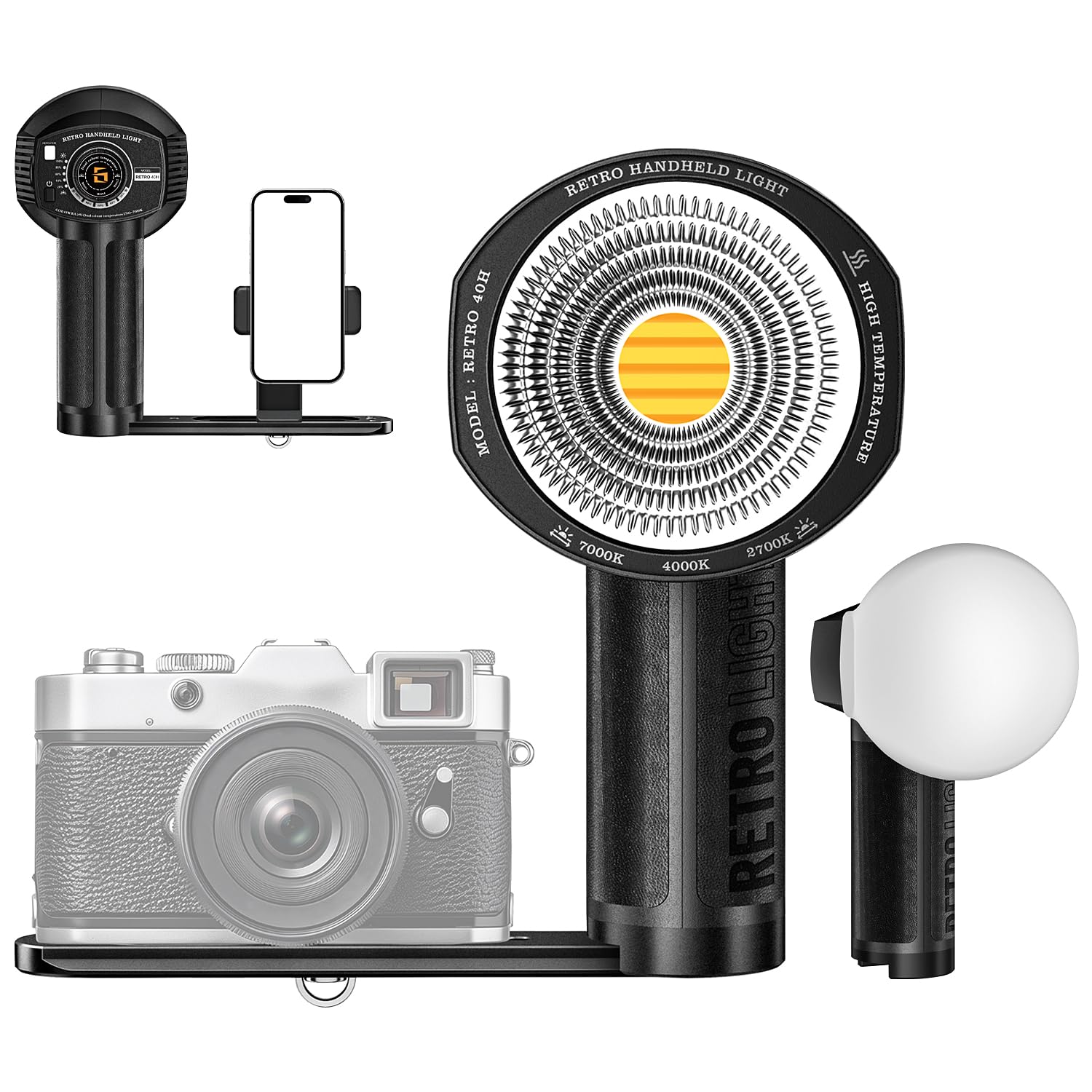 Photo 1 of LENSGO 40H Retro Camera Flash Light with Diffuser, Rechargeable 40W Bi-Color 2700K-7000K CRI96 Video Light, Dimmable 0-100%, 8 Lighting Effects, Compatible with DSLR/GoPro/Sony/Canon/iPhone