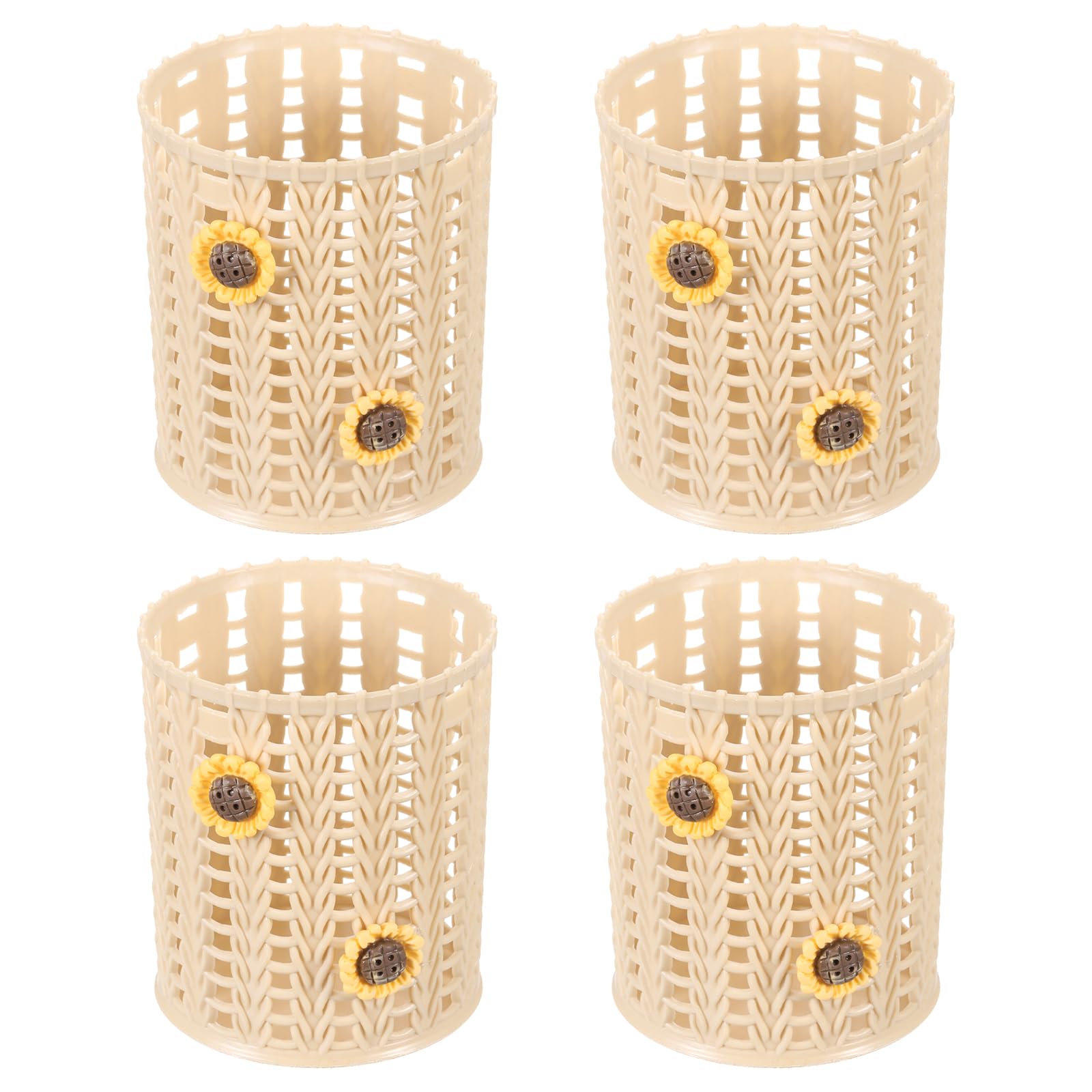 PATIKIL Pencil Holder, 4 Pack Plastic Pen Holder for Desk Cute Pencil Holders Sunflower Cup Organizer Mesh Makeup Brush Holder Stationery Storage, Brown