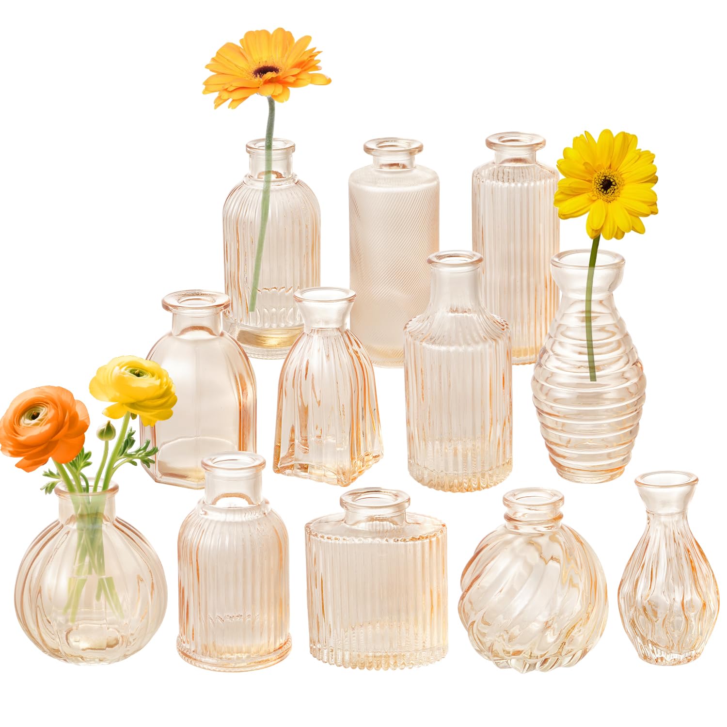 Photo 1 of Champagne  Vases Set of 12 Amber Glass Vase for Decor Centerpieces, Small Ribbed Vases for Flowers Stripe Modern Bud Vases in Bulk Vintage Vases for Floral Wedding Party Table Decoration Home Decor