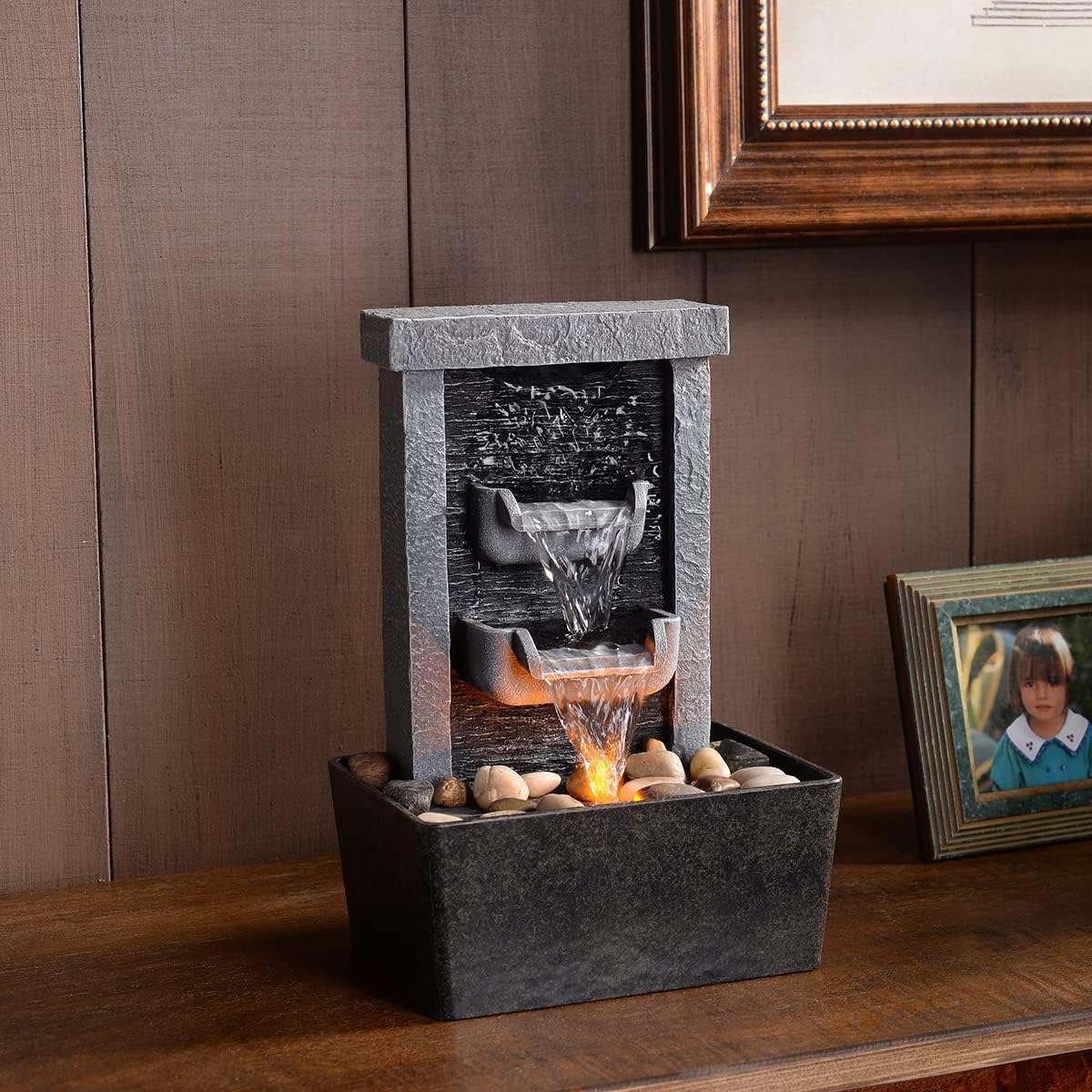 Indoor Fountains & Accessories - GOSSI Home Décor 10.3 in Indoor Waterfall Fountain Relaxation High Pressure Water Pumps Tabletop Fountain Nature Feeling Water Fountains with Reflective Lighting/River Rocks Home/Office Decoration