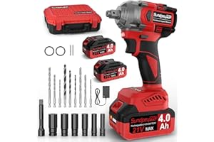 SundpeyPRO 800N·m Cordless Impact Wrench - 2-in-1 Power Impact Wrench with 2 * 4.0Ah Battery & 9 Drill Bits & 6 Socket Sets & Charger & Carrying Case