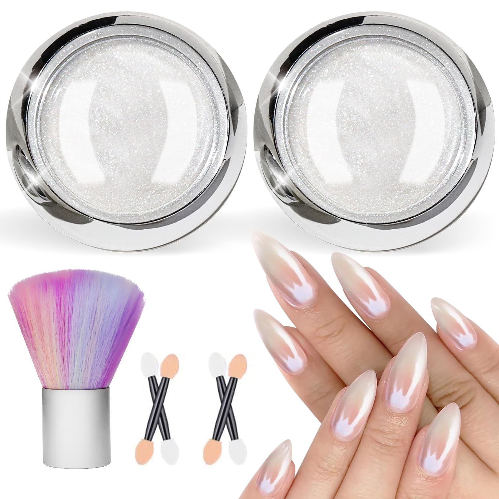 BISHENGYF Pearl Chrome Powder, Aurora Ice Transparent White for Nails, Glazed Donut Pearlescent Magic Mirror Effect Pigment Glitter With Nail Duster Brush