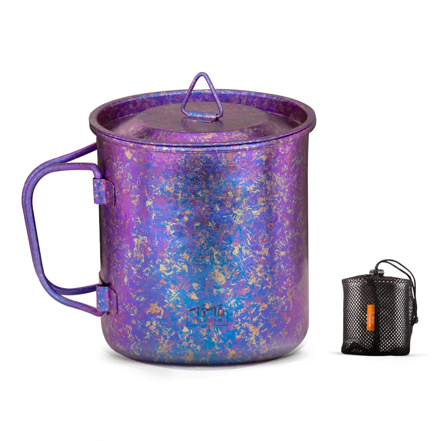 TiTo Titanium Cup Camping Tea Coffee Water Mug Ultralight Portable Cookware 450ml Foldable Handle Titanium Pot with Lid for Outdoor Backpacking Hiking Picnic Drinkware Open Fire (Purple)