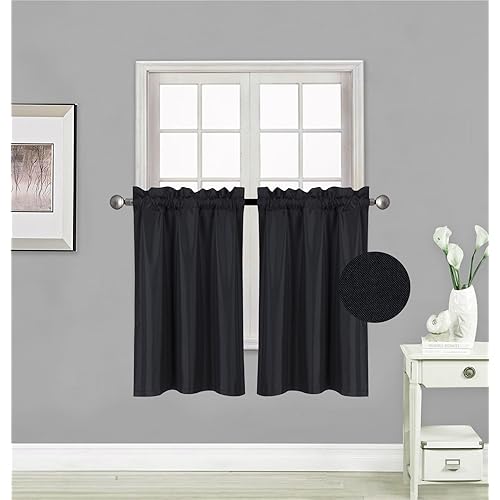 Elegant Home 2 Panels Tiers Small Window Treatment Curtain Insulated Blackout Drape Short Panel 28" W X 36" L Each for Kitchen Bathroom or Any Small Window # R5 (Black)
