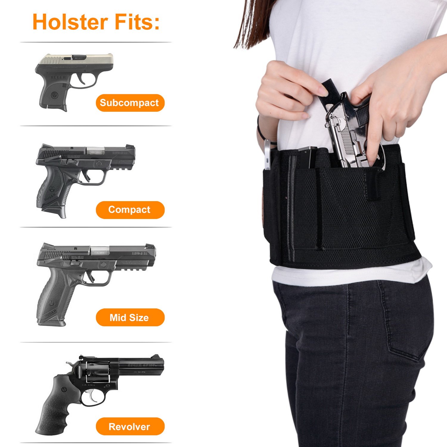 Fullmosa Concealed Carry Holster, Mi Belly Band Holster for Handgun, Elastic Hand Gun Holder Waist Holsters Pistols Revolvers IWB Holster with Mag Pouches, Back Draw -B-L