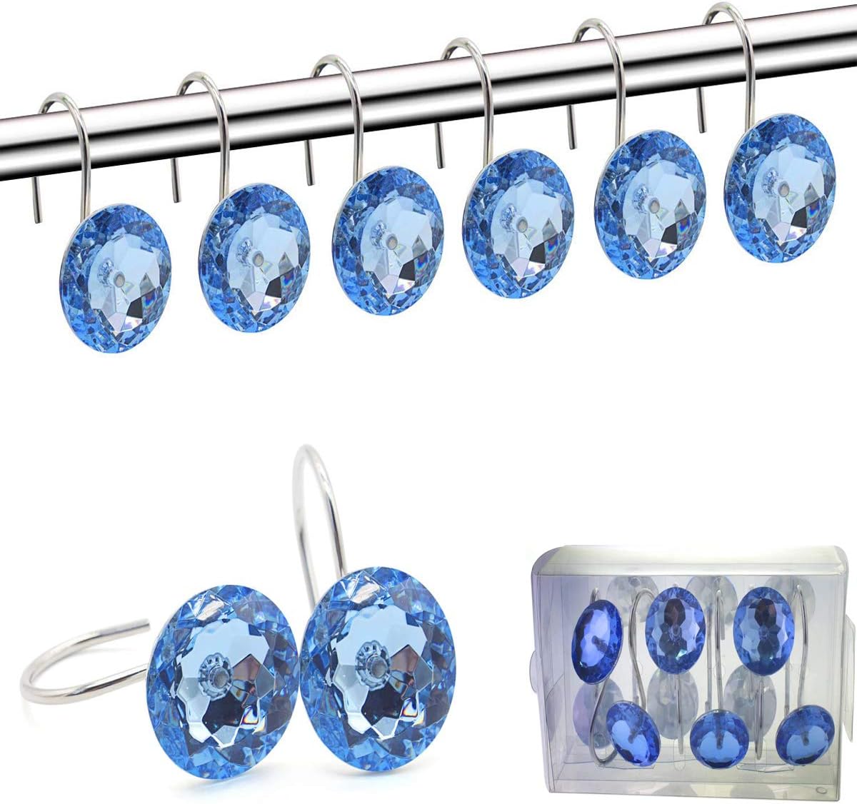 YUYIKES Shower Curtain Hooks Diamond Shape Shower Rings/Round Acrylic Decorative Rhinestones Bling Rolling Bathroom Bath Set of 12 Rings: Home & Kitchen