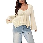BEAUDRM Women's Plus Size Textured Peplum Top Long Bell Sleeve Sweetheart Neckline Ruffle T Shirt