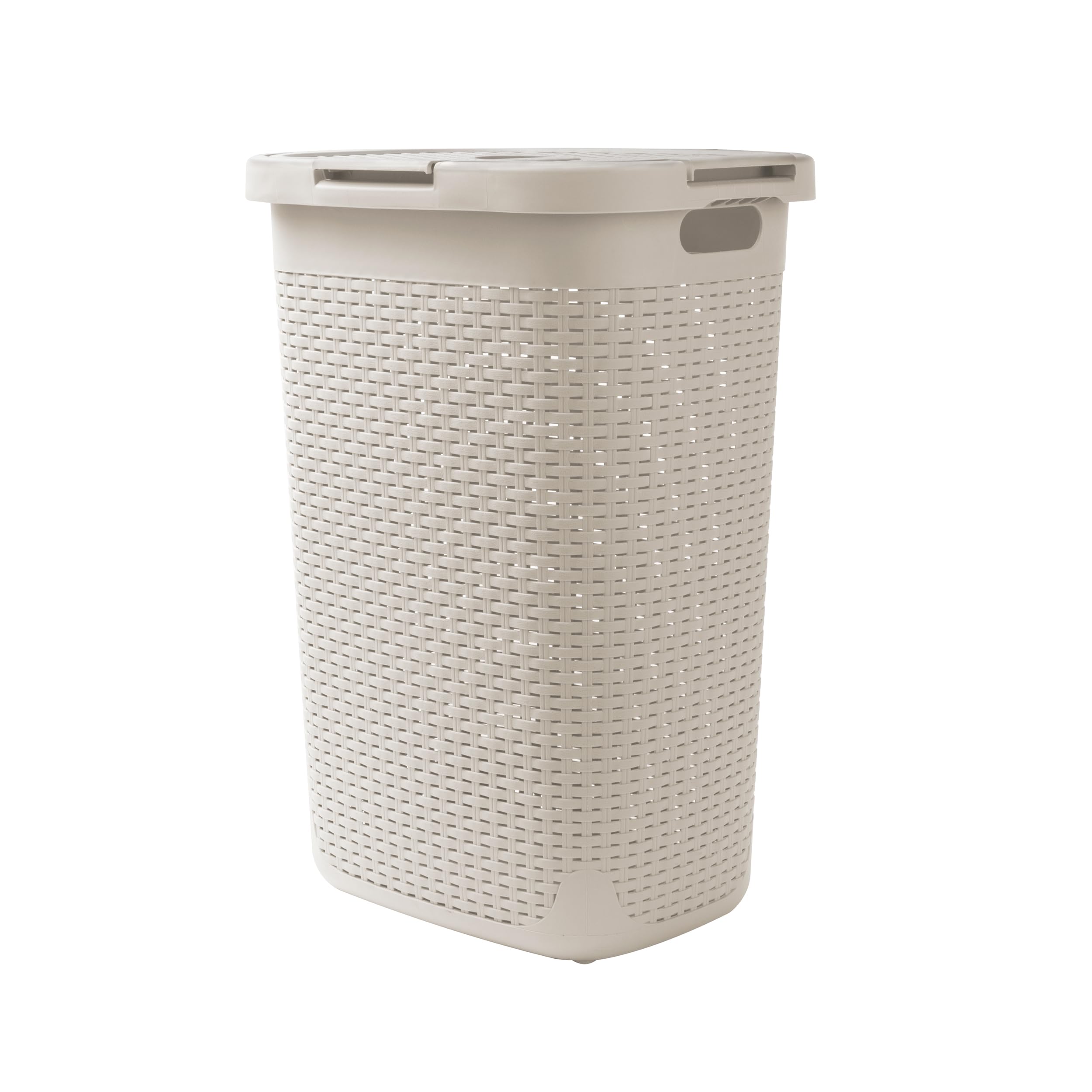 Mind Reader Slim Laundry Hamper with Lid, 60L Clothes Basket, Premium Wicker Design, Plastic, Ivory
