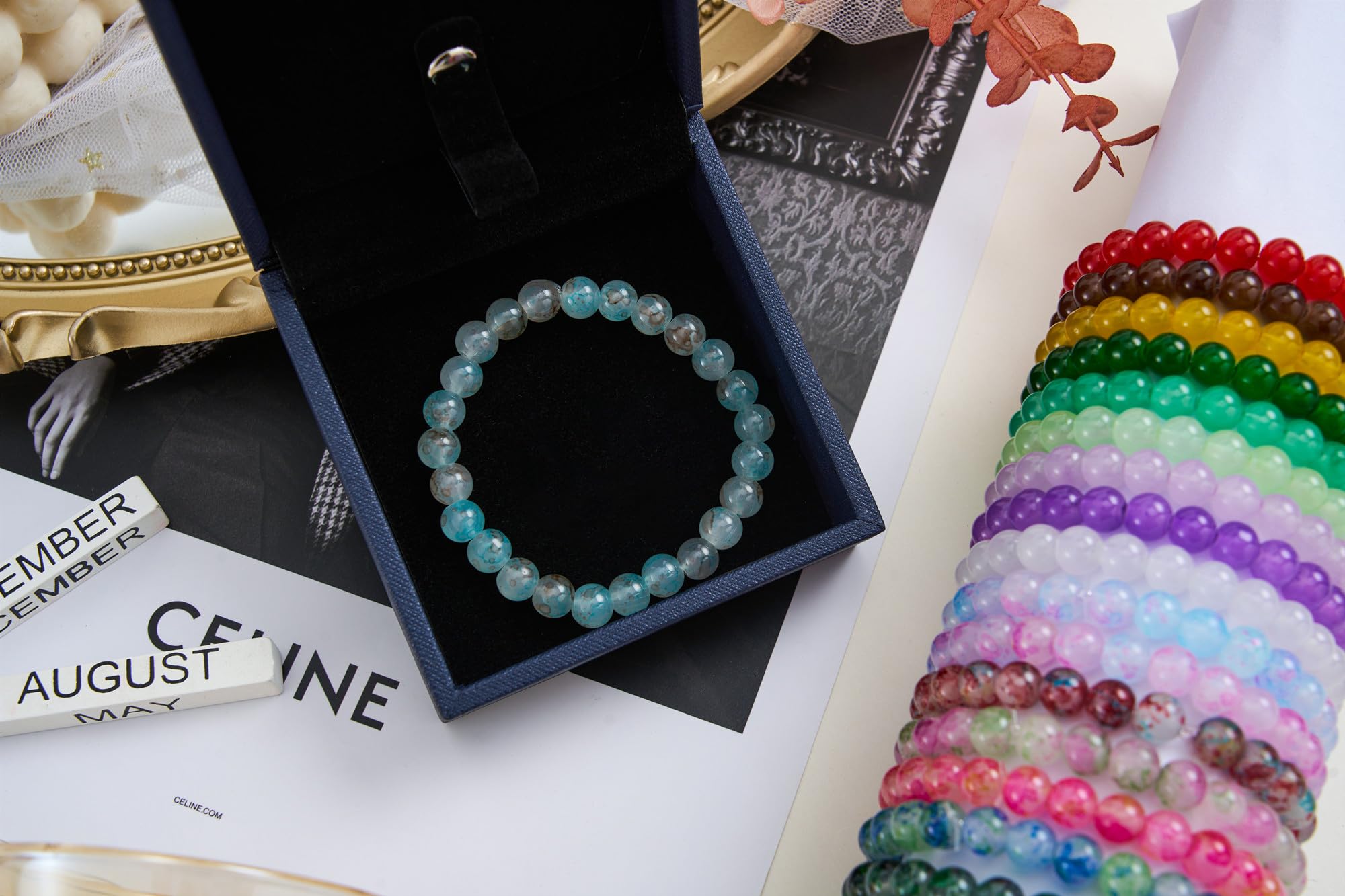【2 Pack】 More Than 1300PCS Round Glass Beads for Jewelry Making,48 Colors 8mm Crystal Beads for Bracelets Jewelry Making and DIY Crafts, 2 Box Round Beads Suitable for Beginners. (Solid+Printing)