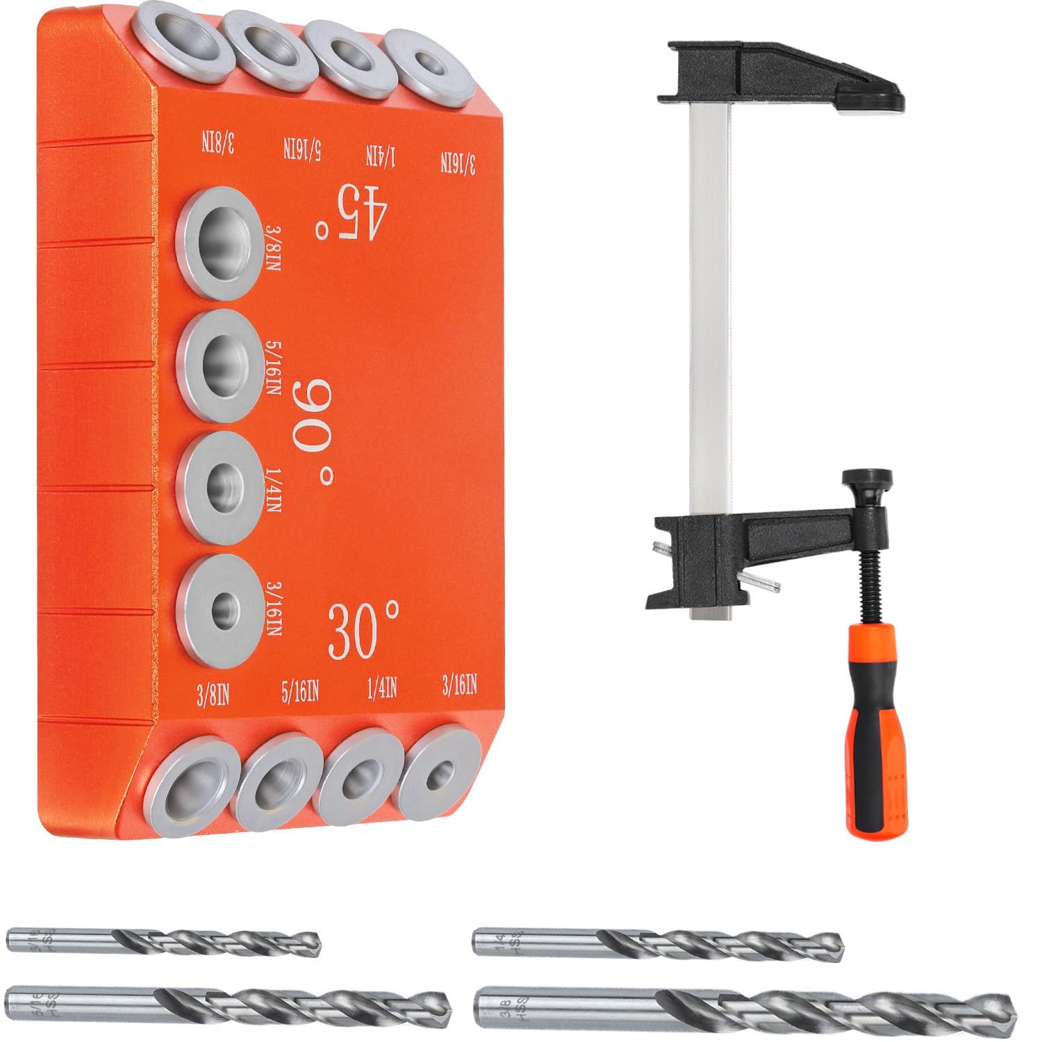 Photo 1 of Aluminum Drill Guide Jig 30 45 90 Degree Angle 4 Sizes with 6" F Clamp for Angled and Straight Holes, Portable Durable Cable Railing Drilling Template Block for Deck Stair Handrail