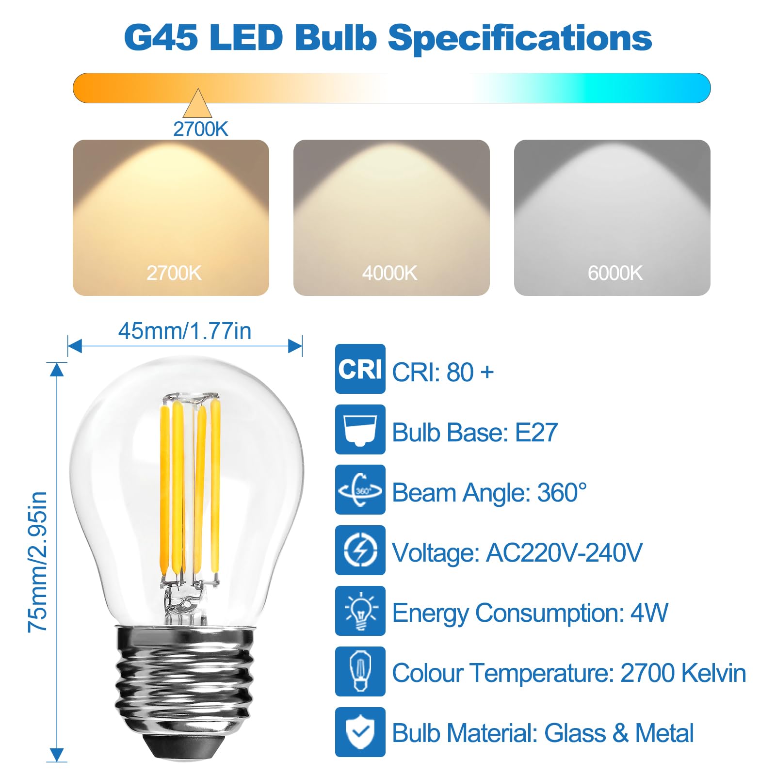 LangPlus+ 10 Stück E27 LED Lampe, Dimmbare G45 Birne, 4W, 40W Äquivalent E27 Sockel Globus Glühlampe, Warmweiß 2700K, LED Filament Fadenlampe für Pendelleuchten, Deckenventilator 2