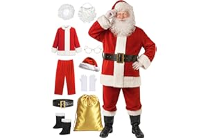 Yeenuo Santa Claus Costume for Men Deluxe Adult Santa Suit Professional Red Christmas Cosplay Outfit 10PCS Set
