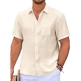 Runcati Mens Casual Shirts Button Down Short Sleeve Lightweight Linen Shirt Summer Beach Tops with Pocket
