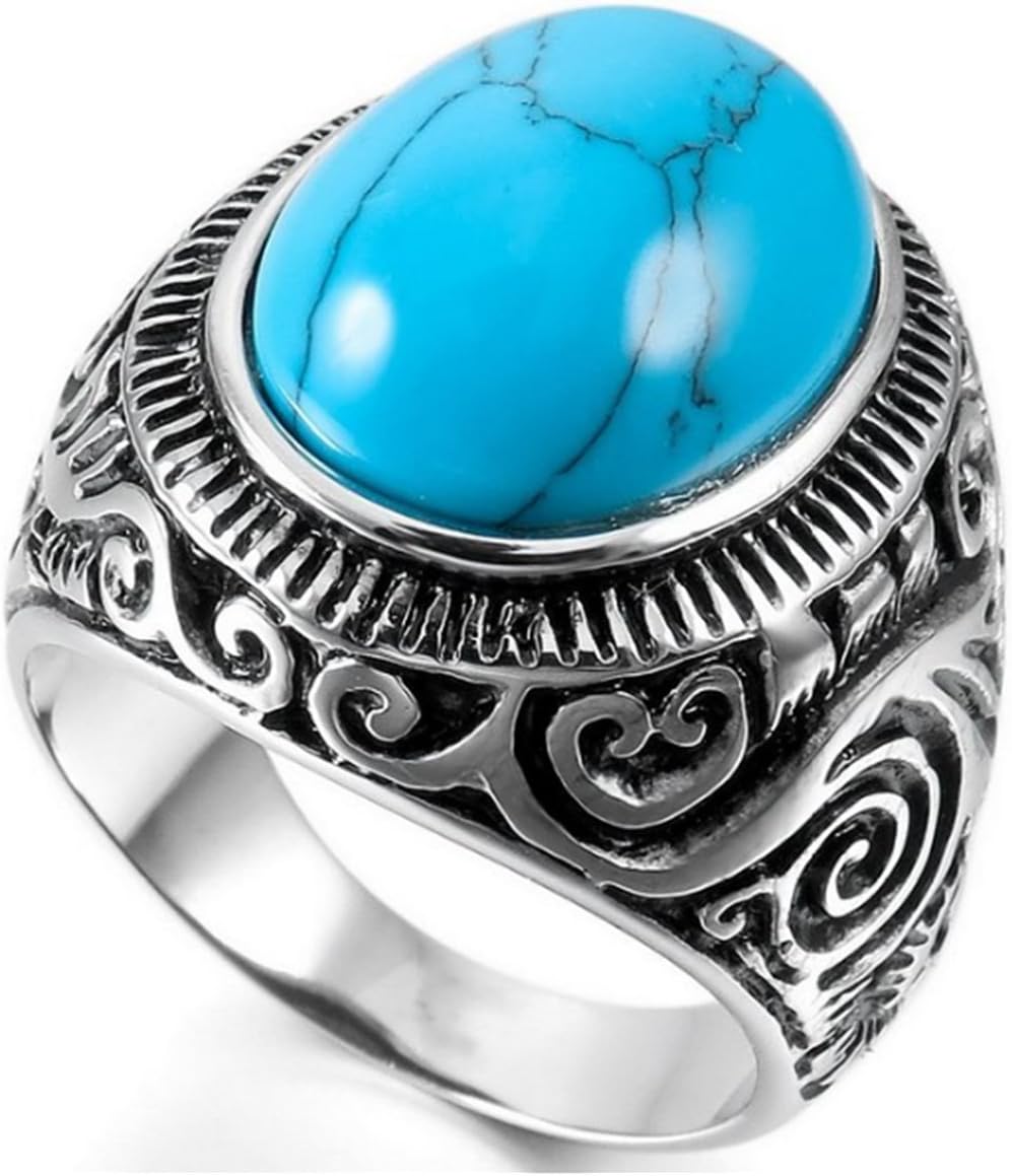 Men's Vintage Gothic Biker Stainless Steel Classic Oval Blue Turquoise Ring Band