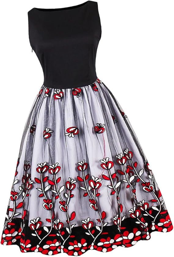 Amazon 1950年代ドレス ジャンパースカート ワンピース Aライン レディース 花刺繍 膝丈 2層 セクシー ７サイズ ブラックレッド 4xl ワンピース チュニック 通販