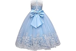 IDOPIP Flower Girl Lace Dress for Kids Wedding Bridesmaid Pageant Party Formal Long Gown Princess Communion Tulle Bow Dresses
