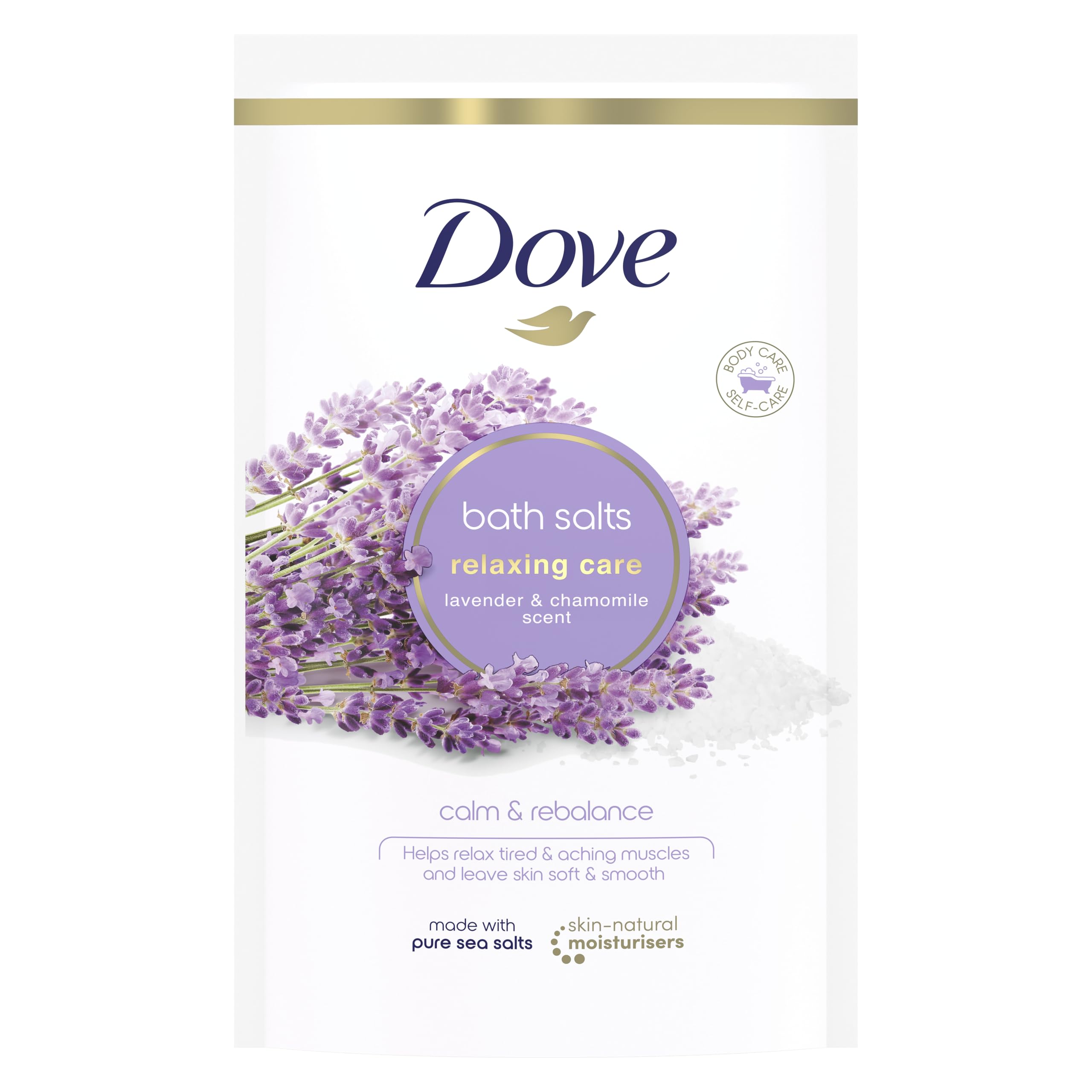 Dove Relaxing Care Lavender & Chamomile Bath Salts with skin-natural moisturisers to relax your mind & body, leaving your skin smooth & soft 900 g