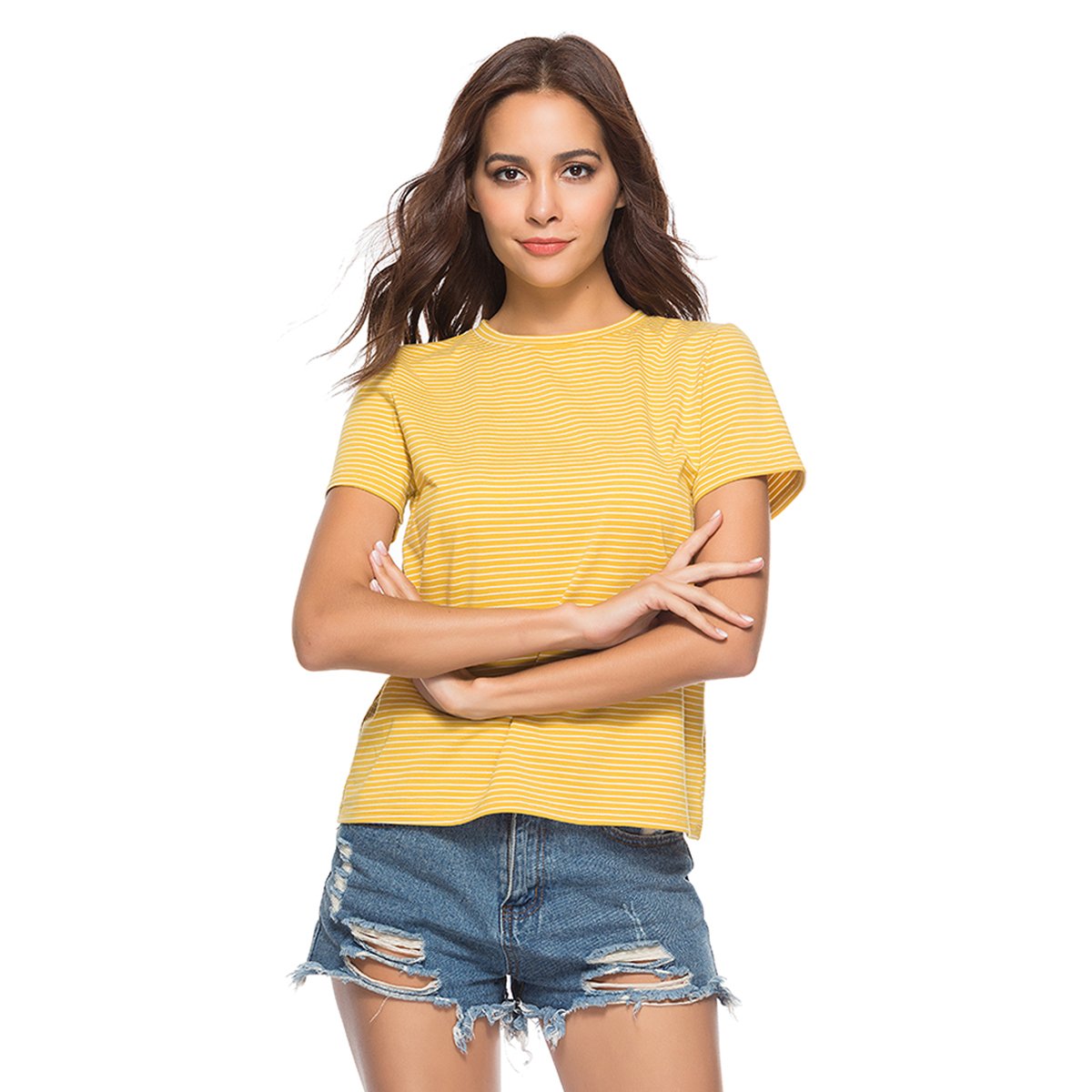 Plusnuolee Womens Short Sleeve Round Neck Sports Striped T-Shirt Casual Loose Blouse Tee Top (L, Yellow)