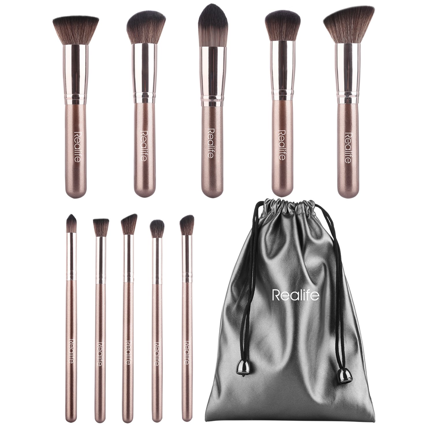 ZaKitane Makeup Brush Set Premium Synthetic Kabuki Cosmetics Foundation Makeup Foundation Eyeliner Blush Contour Brush for Powder Brush Makeup Brushes Kit(10pcs, Coffee)