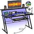 Armocity Music Studio Desk With Power Outlets and RGB LED Lights for Recording and Production - Workstation Table for Producers, Matte Black