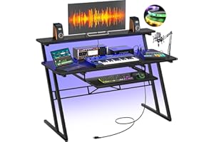 Armocity Music Studio Desk, Music Production Workstation with Power Outlets and RGB LED Lights, Recording Studio Table Desks Music Producer for Home, Black
