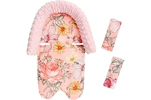 HNHUAMING 2-in-1 Baby Head Support and Strap Cover for Car Seat, Super Soft Minky Pink Floral CarSeat Insert Cushion Headrest for Bouncers, Strollers, Swing