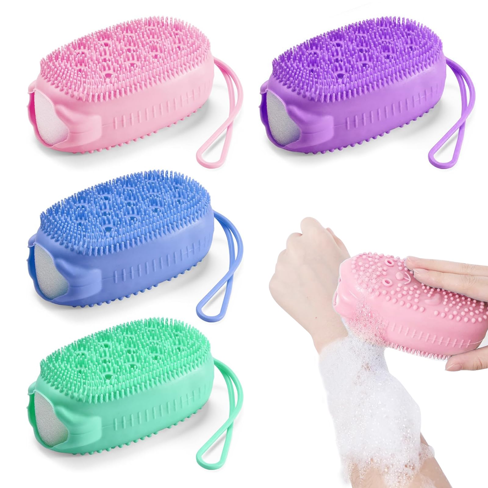 AFOKIC 4 Pack Silicone Body Scrubber, Dual-Sided Shower Scrubber, Gentle Exfoliating Shower Brush, Soft Silicone Loofah for Adults & Babies, Fits for All Skin Types